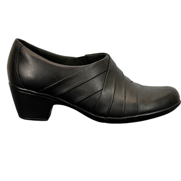 Clarks Collection Black Leather Block Heel Slip On Comfort Clog Loafer Women 7M - Picture 2 of 12